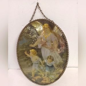 Oval Chain Framed Foil Art Angel Watching Over Kids Girl & Boy 11×8" Vintage
